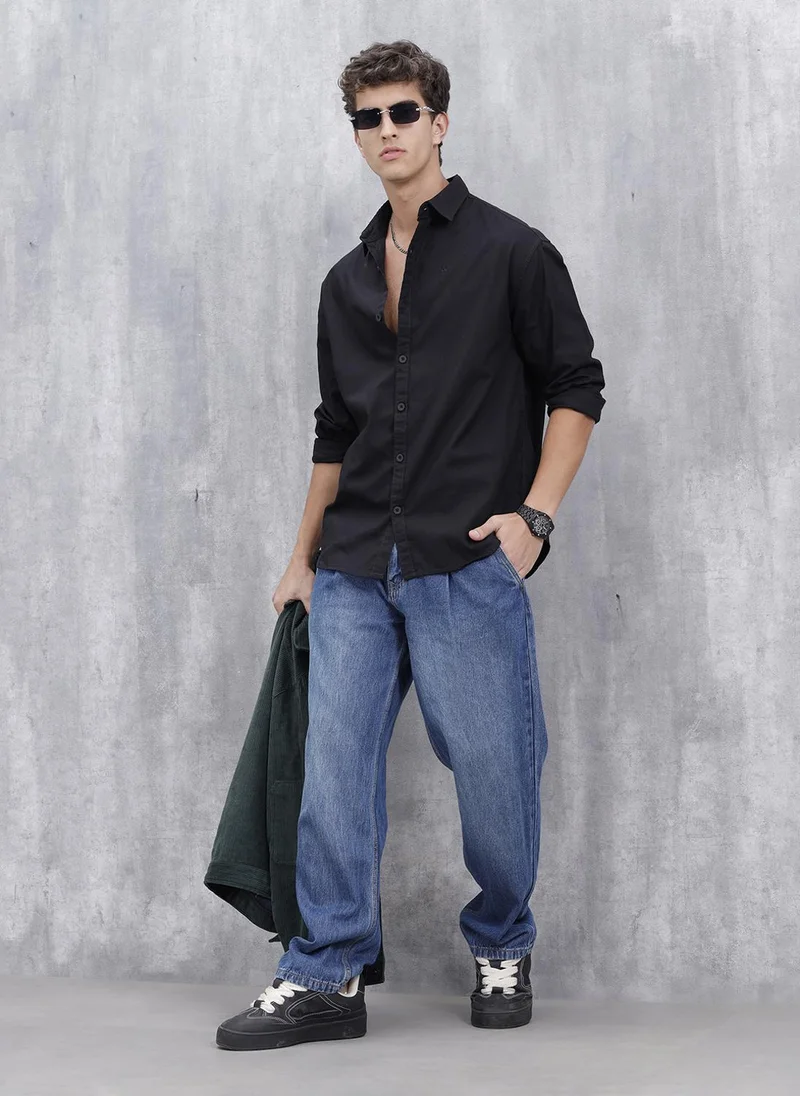 روجن Solid Oversized Casual Shirt | Black